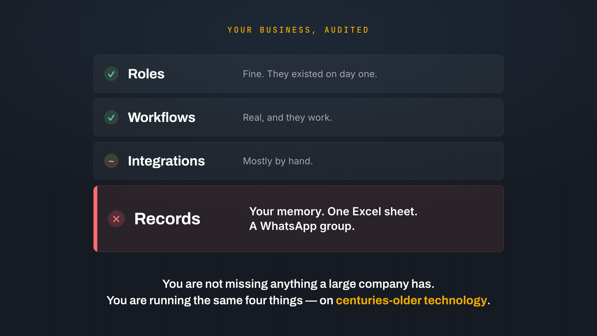 An audit of a small business: roles, workflows and integrations are fine; records run on memory, Excel and WhatsApp